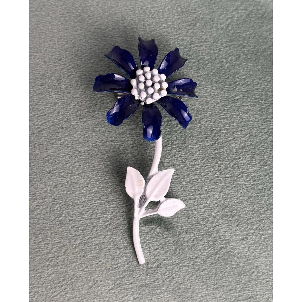 Vintage Long Stem Rose Daisy‎ Flower Brooch Blue White P031